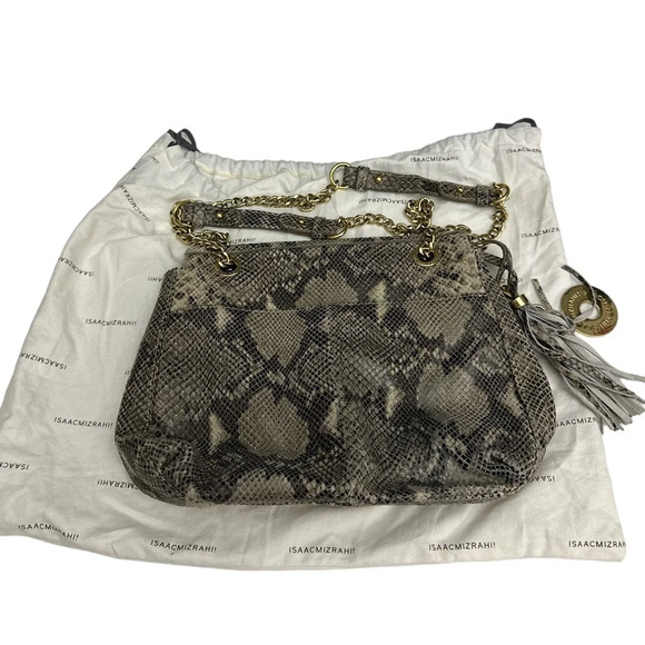 Isaac Mizrahi Live Bridgehampton Leather Bag Chain Strap Soft Snakeskin Print - Picture 2 of 13